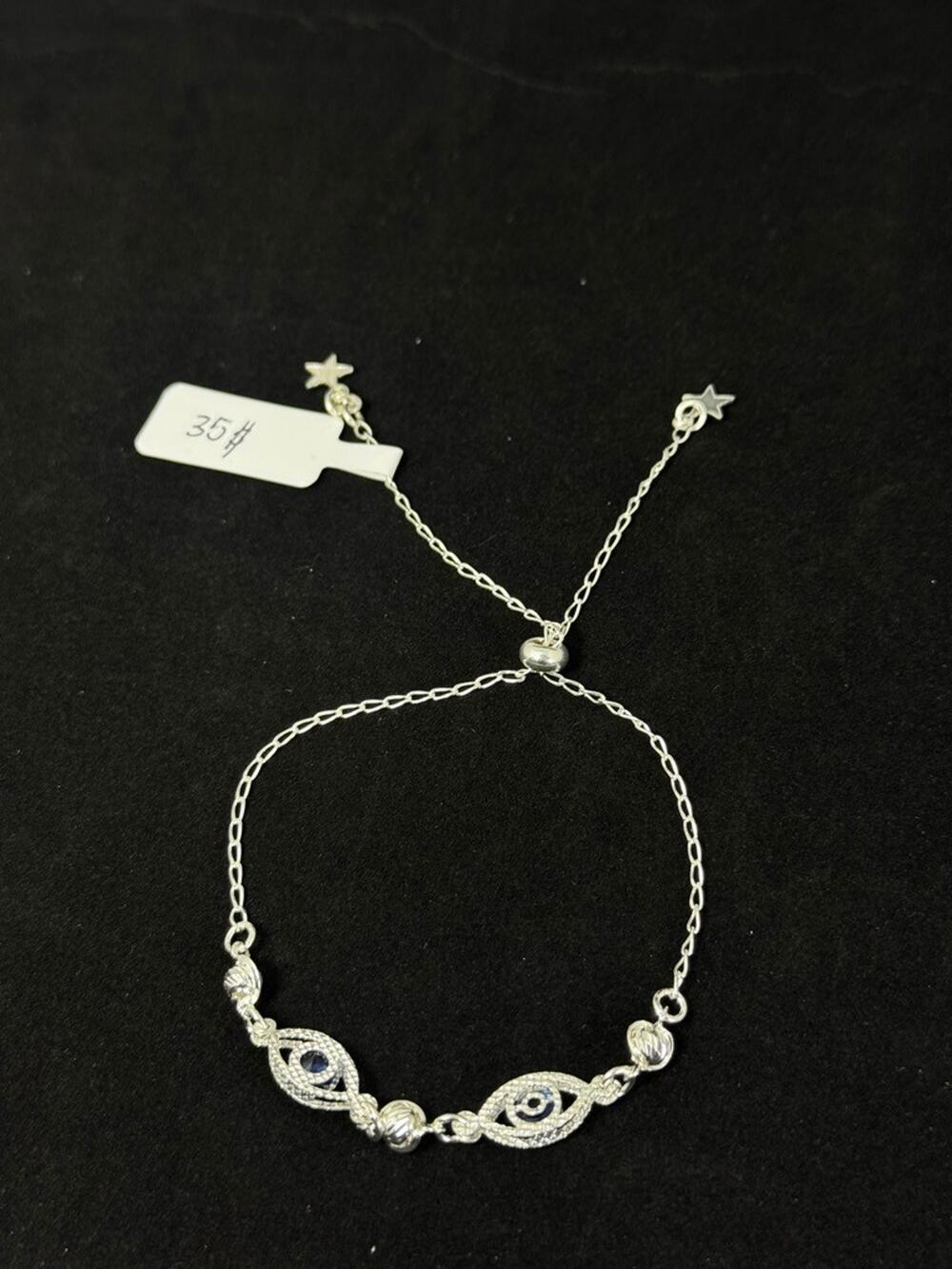 Sterling Silver Evil Eye Bolo Bracelet Adjustable 10 Inch Blue Sapphire Accents